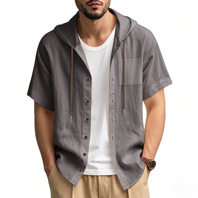 Solid Color Casual Linen Short-sleeved Shirt Hooded Pocket Drawstring Cardigan All-match Loose Men''s T-shirt for Summer - Image 1