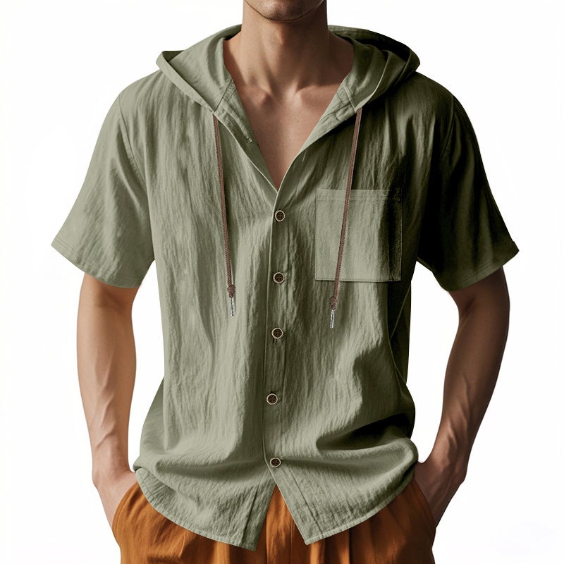 Solid Color Casual Linen Short-sleeved Shirt Hooded Pocket Drawstring Cardigan All-match Loose Men''s T-shirt for Summer - Image 4