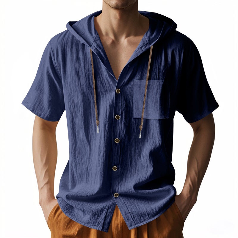 Solid Color Casual Linen Short-sleeved Shirt Hooded Pocket Drawstring Cardigan All-match Loose Men''s T-shirt for Summer - Image 5