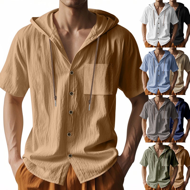 Solid Color Casual Linen Short-sleeved Shirt Hooded Pocket Drawstring Cardigan All-match Loose Men''s T-shirt for Summer - Image 2
