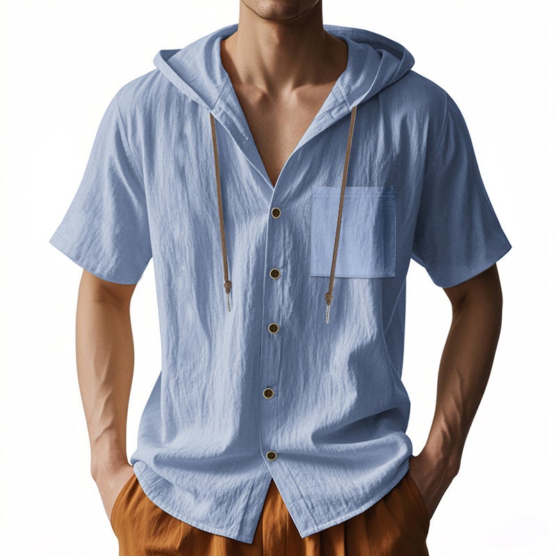 Solid Color Casual Linen Short-sleeved Shirt Hooded Pocket Drawstring Cardigan All-match Loose Men''s T-shirt for Summer - Image 3