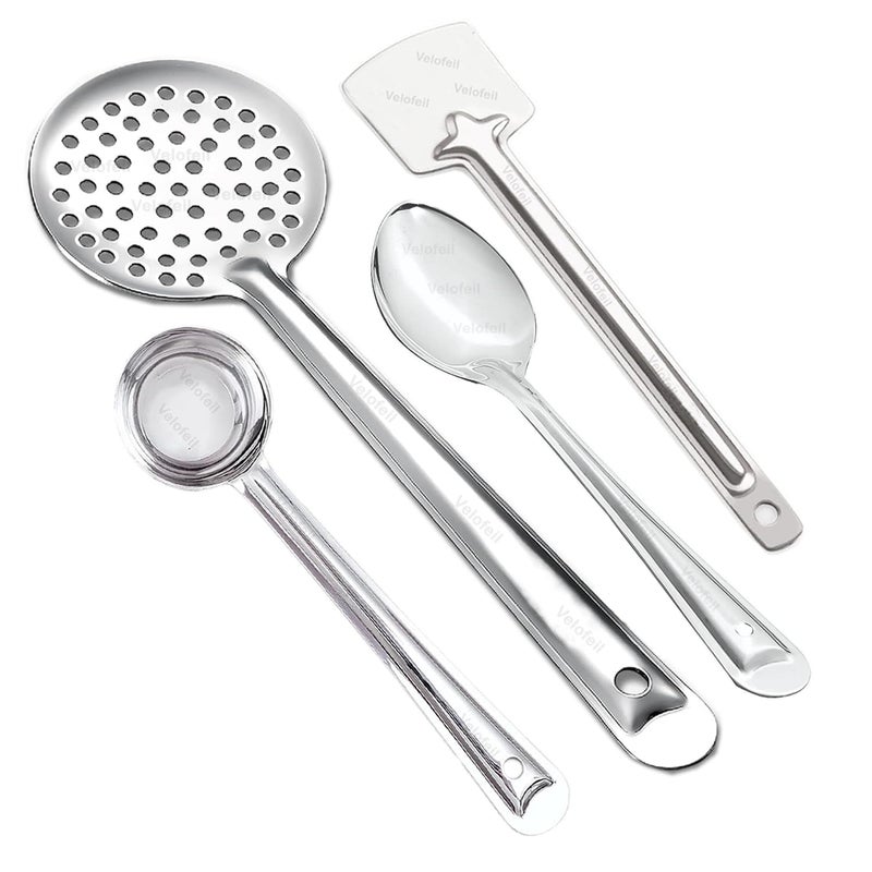 Velofeil Set of 4 Stainless Steel Kitchen Tools 285cm Large Pan Spoon 36cm Skimmer Jhara 315 cm Laddle 305cm Turner Spatula Ideal for Cooking Serving - Image 1