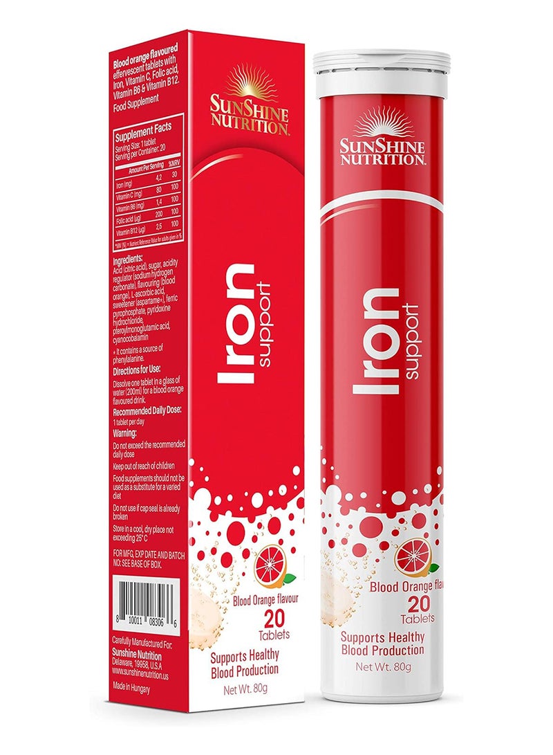 أقراص فوارة لدعم الحديد، مكمل غذائي مملوء بالحديد وفيتامين C وحمض الفوليك وB6 وB12، يدعم إنتاج الدم الصحي بنكهة البرتقال 20 قرصًا 80 جم