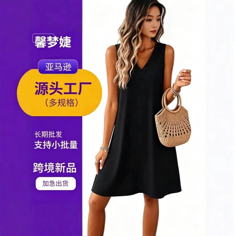 2026 European and American Women's Sleeveless Mini Dress V Neck Casual Loose Beach Vacation Dress