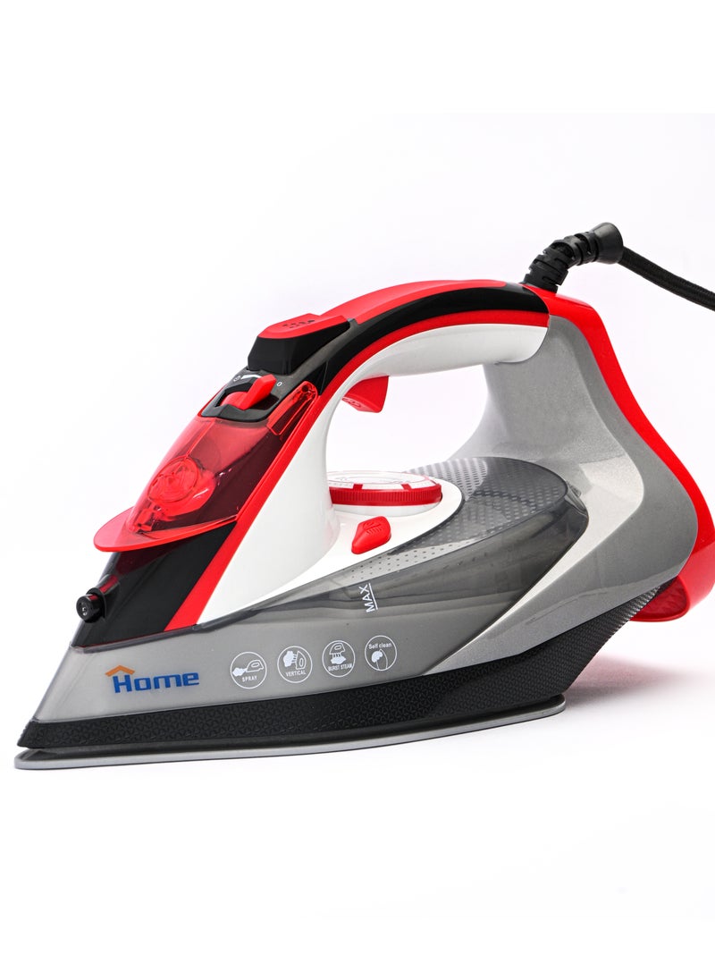 Home Steam iron 2200 Watt Water Tank Capacity: 350 ml. Dry ironing function. Steam function – spraying. Self-cleaning function. Soft grip handle. Strong steam – vertical steam function. Adjustable temperature control. Variable steam control. Flexible wire protector rotates 360°. Overheating protection. Indicator light. Ceramic base.  - Image 1