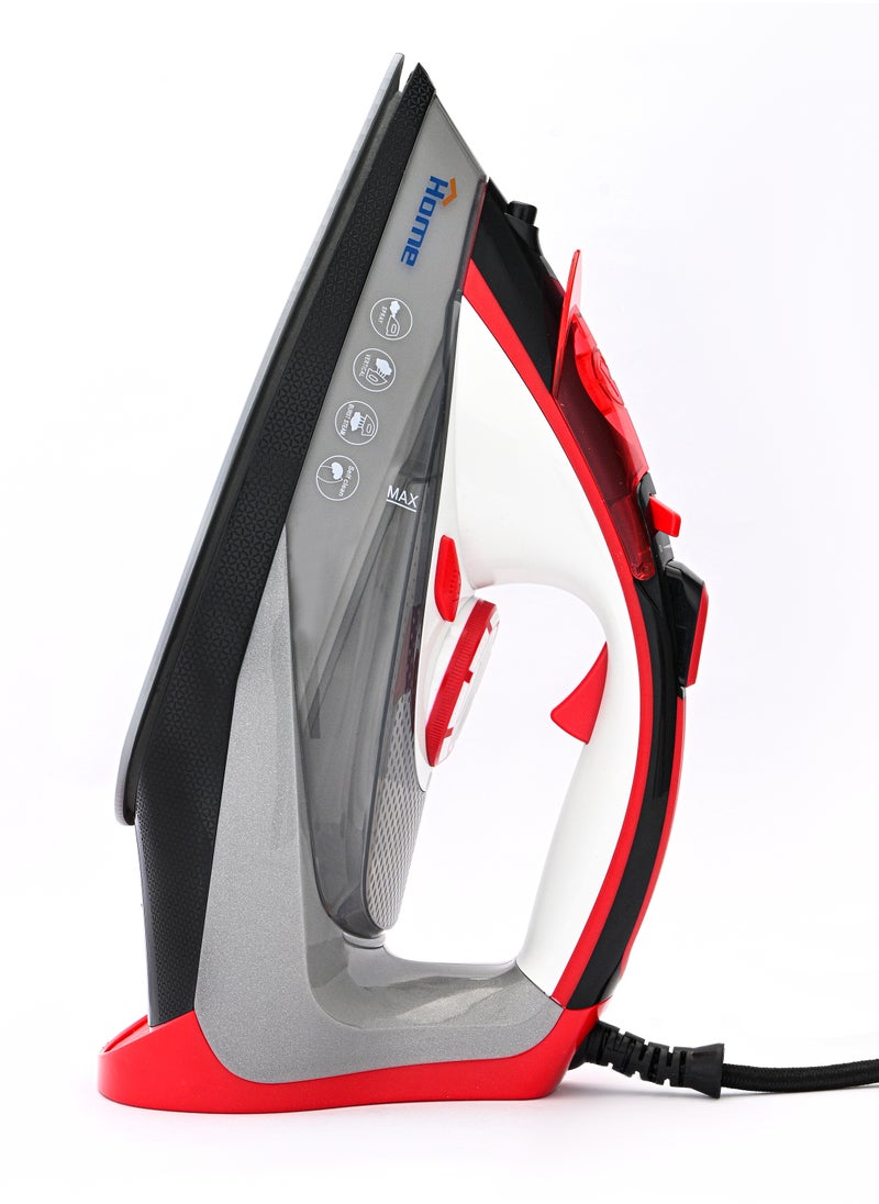Home Steam iron 2200 Watt Water Tank Capacity: 350 ml. Dry ironing function. Steam function – spraying. Self-cleaning function. Soft grip handle. Strong steam – vertical steam function. Adjustable temperature control. Variable steam control. Flexible wire protector rotates 360°. Overheating protection. Indicator light. Ceramic base.  - Image 2