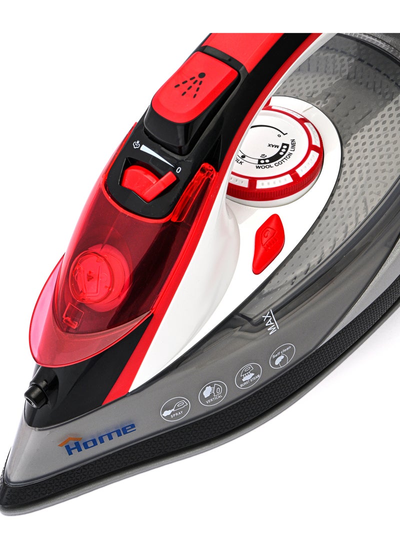 Home Steam iron 2200 Watt Water Tank Capacity: 350 ml. Dry ironing function. Steam function – spraying. Self-cleaning function. Soft grip handle. Strong steam – vertical steam function. Adjustable temperature control. Variable steam control. Flexible wire protector rotates 360°. Overheating protection. Indicator light. Ceramic base.  - Image 4