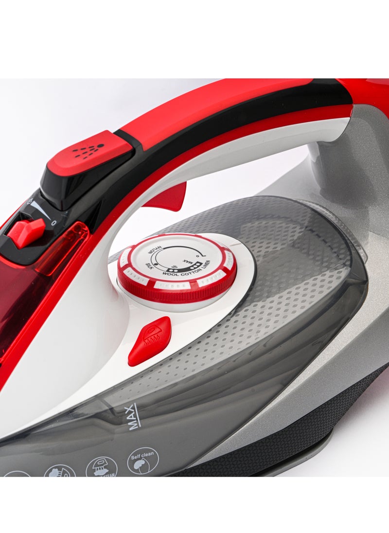 Home Steam iron 2200 Watt Water Tank Capacity: 350 ml. Dry ironing function. Steam function – spraying. Self-cleaning function. Soft grip handle. Strong steam – vertical steam function. Adjustable temperature control. Variable steam control. Flexible wire protector rotates 360°. Overheating protection. Indicator light. Ceramic base.  - Image 5