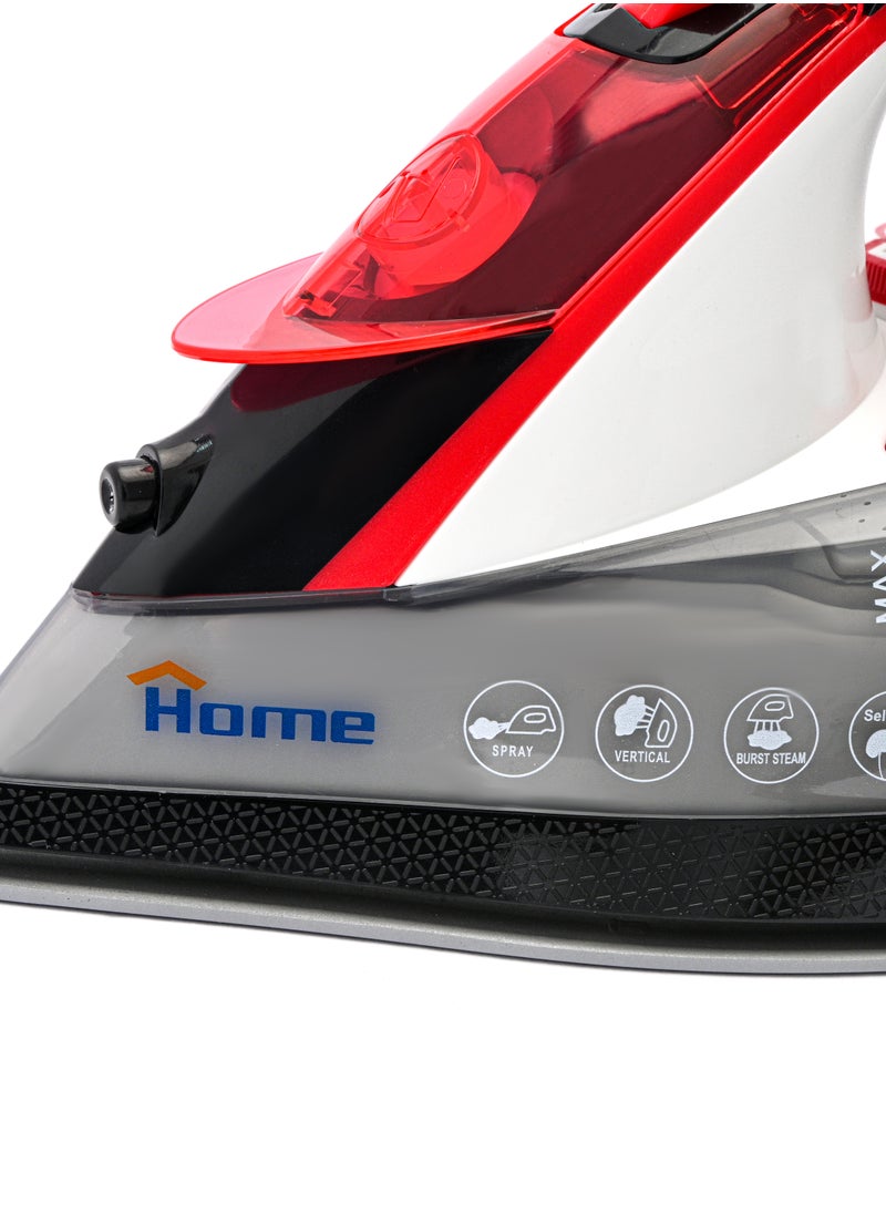 Steam iron 2200 Watt Water Tank Capacity: 350 ml. Dry ironing function. Steam function – spraying. Self-cleaning function. Soft grip handle. Strong steam – vertical steam function. Adjustable temperature control. Variable steam control. Flexible wire protector rotates 360°. Overheating protection. Indicator light. Ceramic base.