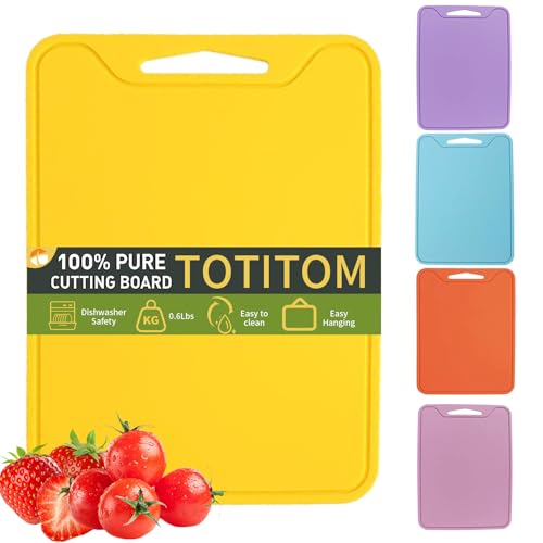 TOTITOM Flexible Plastic Cutting Boards for Kitchen, 11.8''x 8.6'' Silicone Cutting Board, BPA Free Non Slip Cutting Mat for Meat, Vegetables and Fruit with Easy Grip Handle, Dishwasher Safe (Yellow) - Image 1