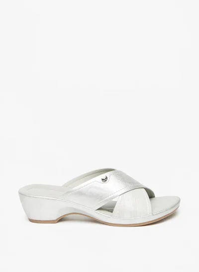 فلورا بيلا من شو إكسبرس Women's Textured Slip-On Cross Strap Sandals with Block Heels