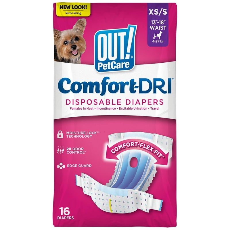 OUT! Petcare Disposable Dog Diapers for Female Dogs, Dog Heat Diapers, Female Dog Period Pads, Female Doggy Diaper for Peeing, Pet Diapers for Small Pets,13”-18” Waist, XS/Small, 16 Count - Image 1