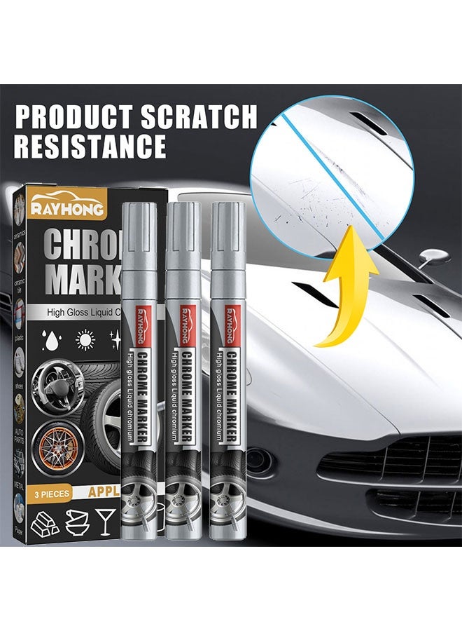 رايهونغ علامة كروم - أقلام كروم دائمة للمرآة، أقلام طلاء كروم للبلاستيك والمعادن والرسم على النماذج وتلميعها وإصلاحها، مجموعة من 3 رؤوس - فضي - Image 1