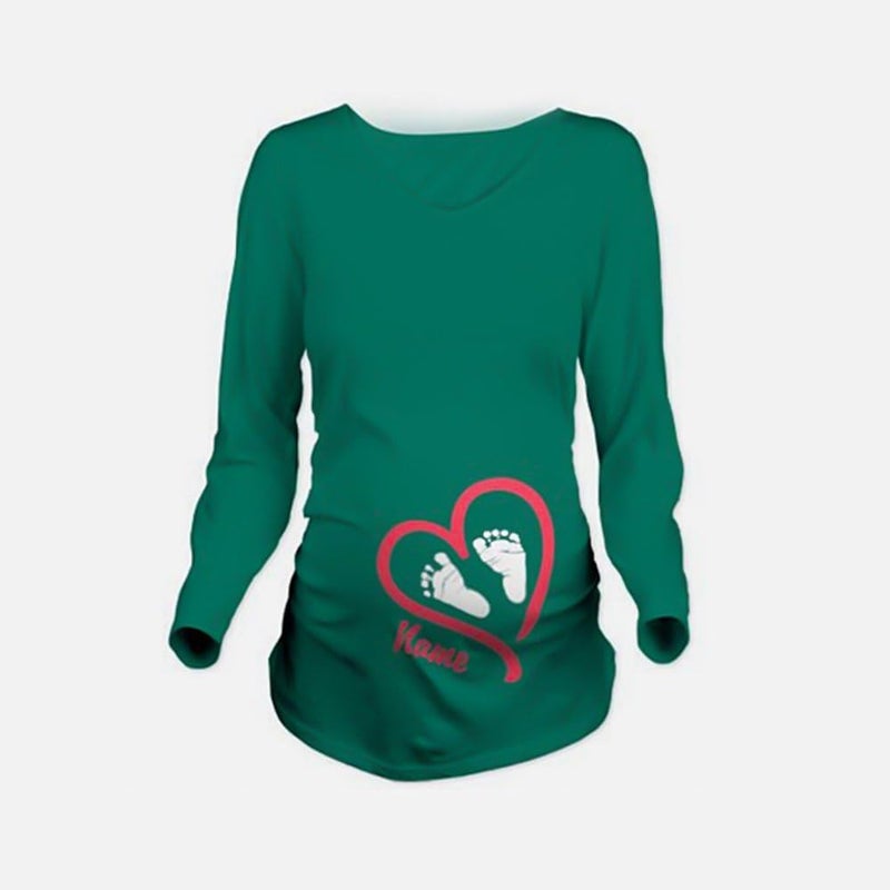 Maternity Shirt Long Sleeve O-Neck Footprint Funny Pregnancy Mom Tops Tee Green XXL