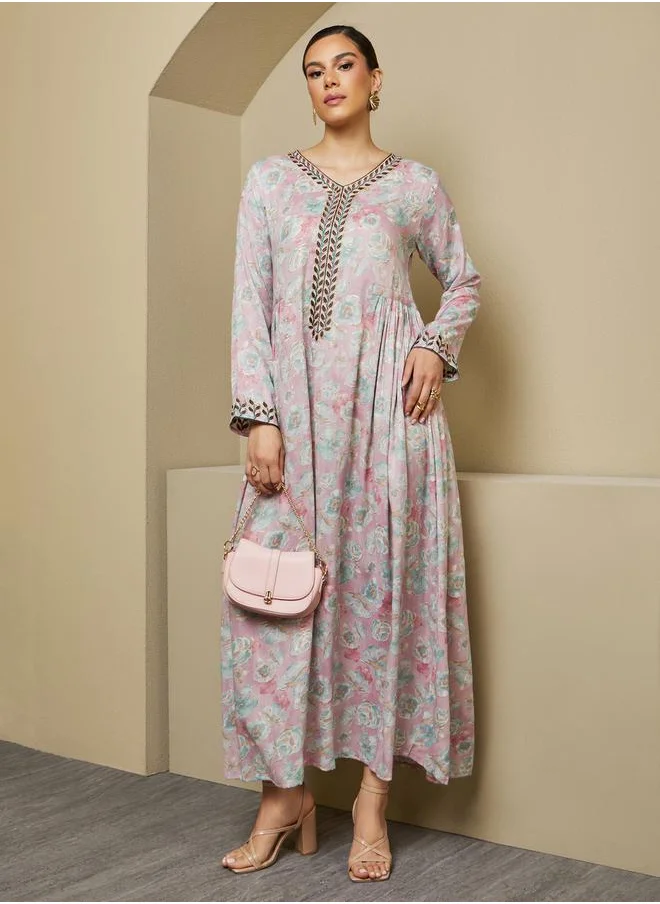 ستايلي Embroidered Printed V-Neck Jalabiya with Side Gathered Detail