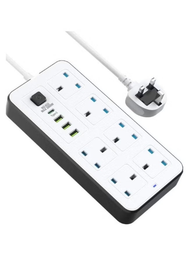 Power strip, multi-functional power socket, 6-port hub with 3 USB ports and a super-fast USB-C port (PD), multi-port socket suitable for all devices, extra long (5 meters)