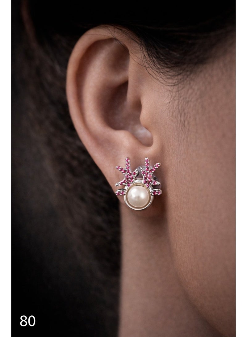 3Diamonds Platinum & Rhodium Plated Pearl Style Stud Earrings Pink Zircon - Image 2