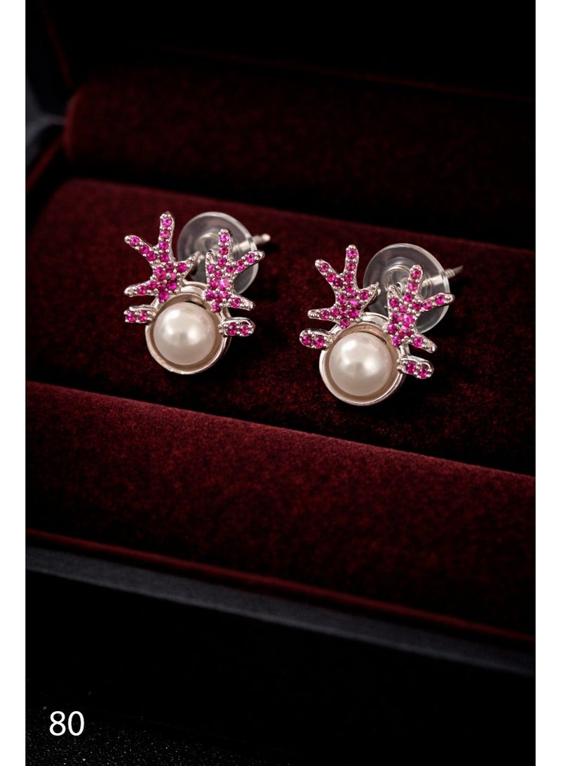 3Diamonds Platinum & Rhodium Plated Pearl Style Stud Earrings Pink Zircon - Image 1