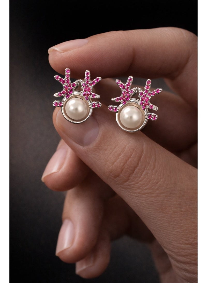 3Diamonds Platinum & Rhodium Plated Pearl Style Stud Earrings Pink Zircon - Image 4
