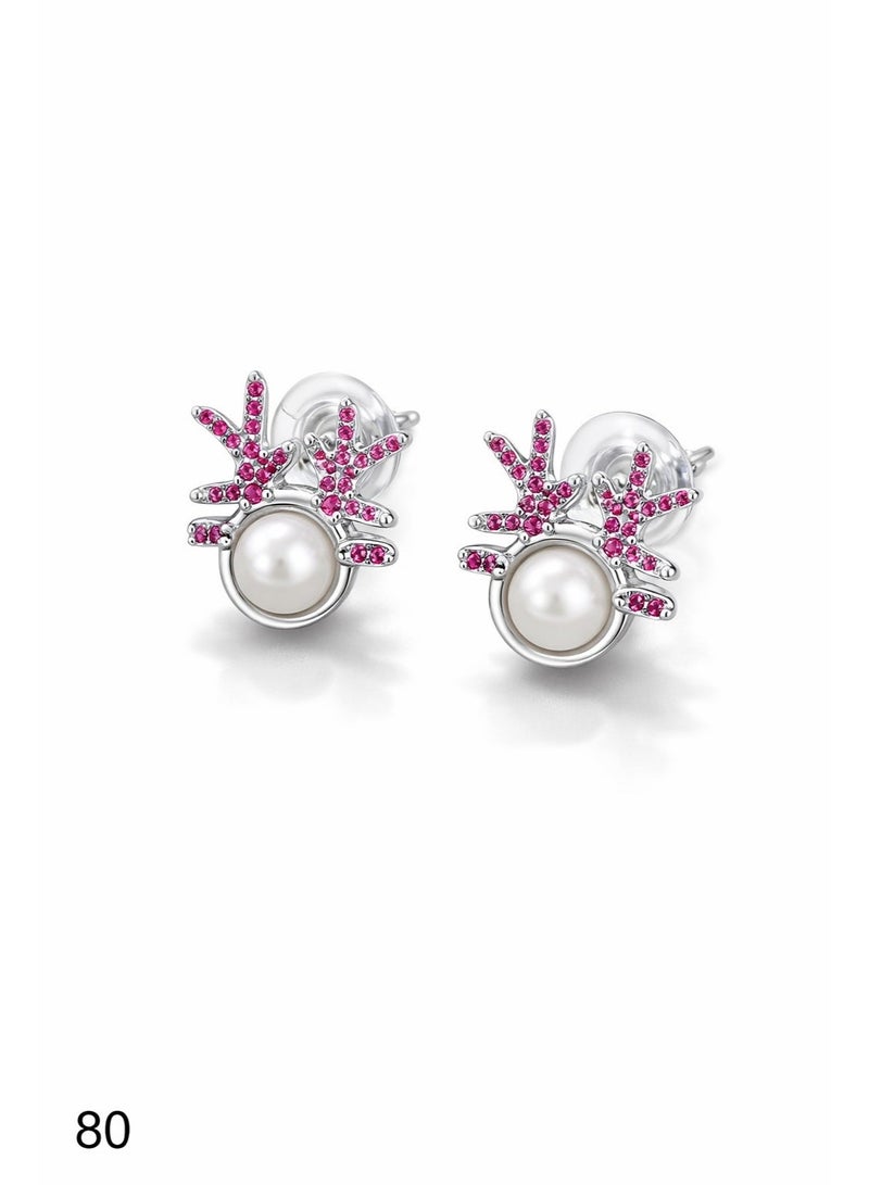 3Diamonds Platinum & Rhodium Plated Pearl Style Stud Earrings Pink Zircon - Image 3
