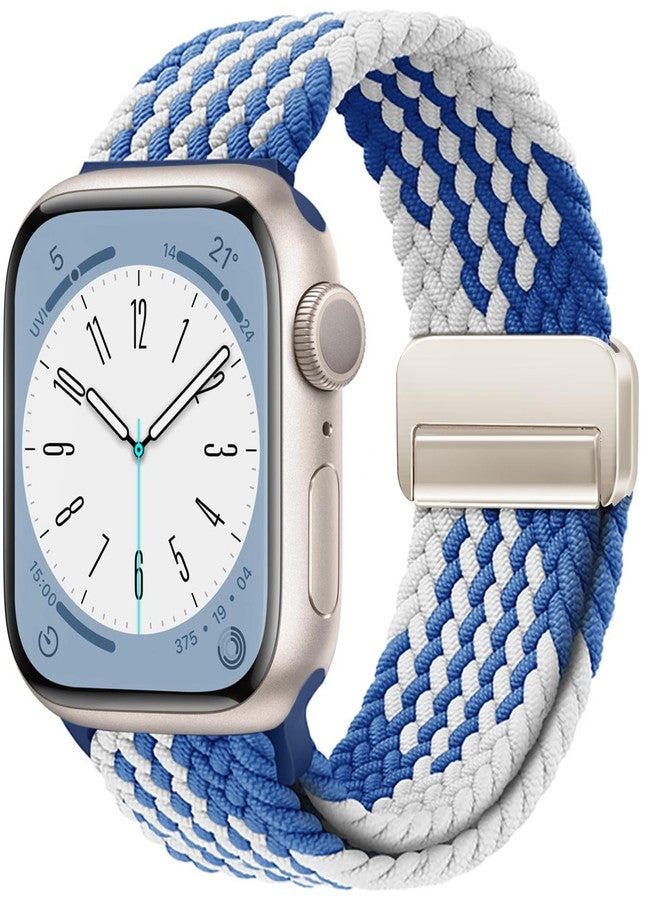 OMECKY Magnetic Braided Solo Loop Band Compatible with Apple Watch Series 10 42mm 9 8 7 6 5 4 40mm 41mm for Women Men, Stretchy Nylon Elastic Sport Strap for iWatch SE, Blue/White - Image 1