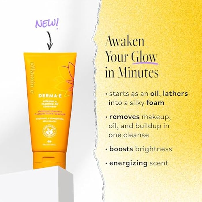 derma-e Derma E Vitamin C Foaming Oil Cleanser, 6 Fl Oz, 2-in-1 Oil-to-Foam Face Wash, Makeup Remover, Stabilized Vitamin C & Niacinamide to Help Brighten, Nourish & Strengthen Skin Barrier, Gentle Skin Care - Image 2