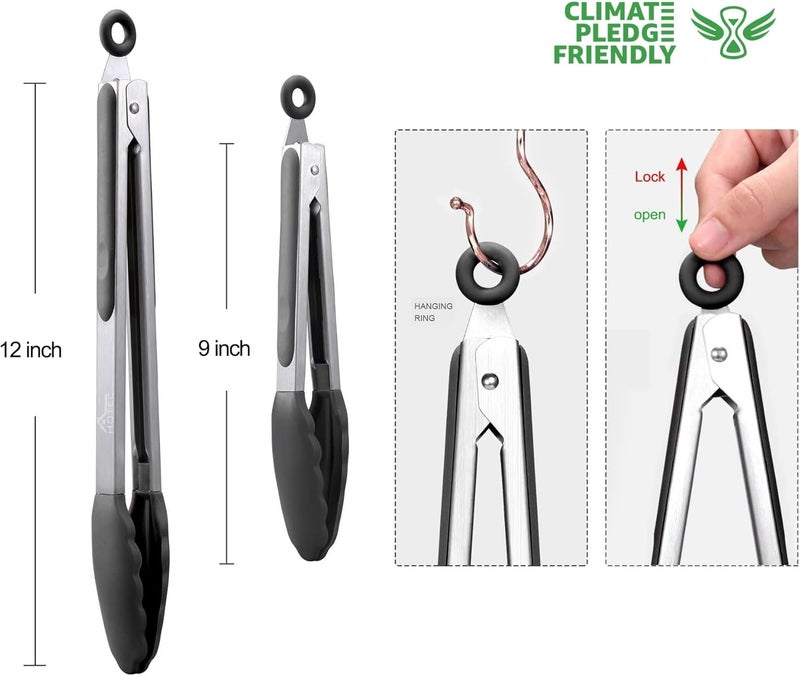 hotec ملقط مطبخ من الفولاذ المقاوم للصدأ مع أطراف سيليكون، مجموعة من 2-9" و 12" - Image 2