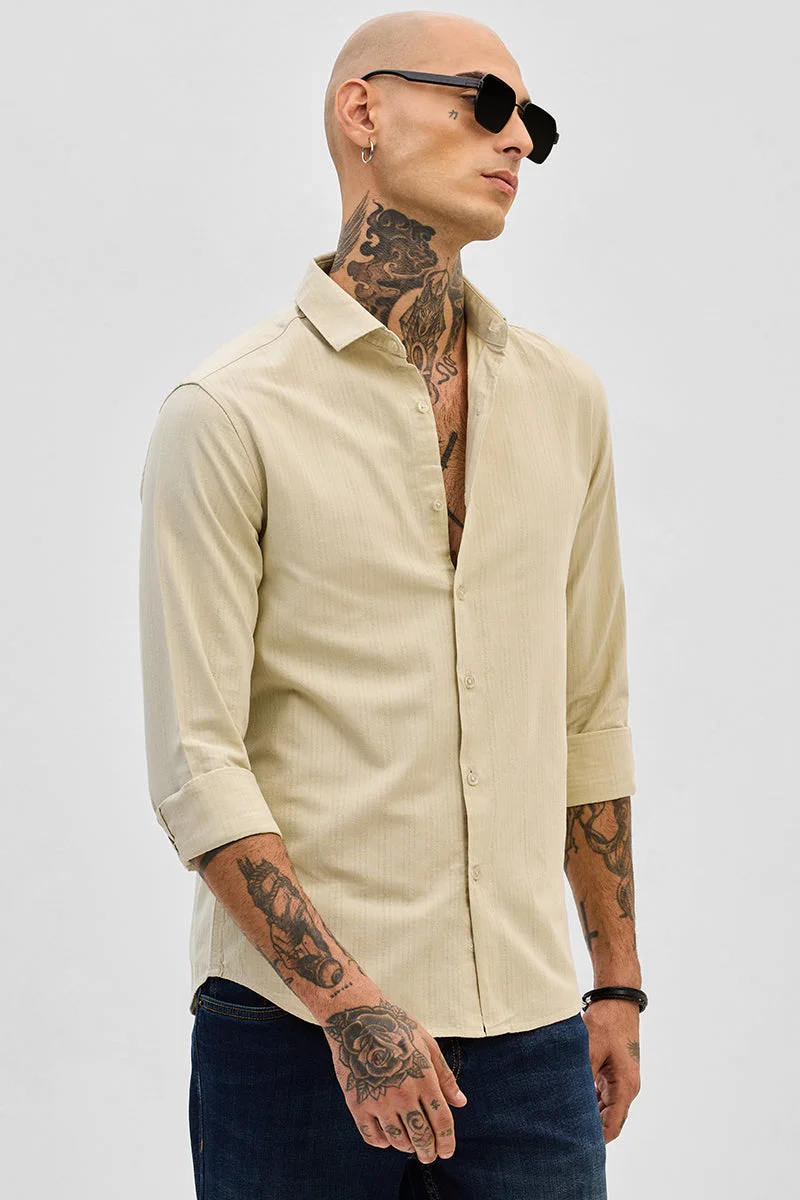 سنيتش Beige Striped Long Sleeve Slim Fit Casual Shirt