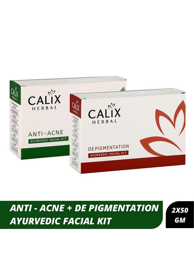 Calix Herbal - Organic Anti Acne Ayurvedic Facial Kit 50 Gm + Depigmentation Ayurvedic Facial Kit 50 Gm Anti Acne & Pimple Control ; Reduce Pigmentation Mini Facial Kit For Women/Men All Skin Type - Image 1