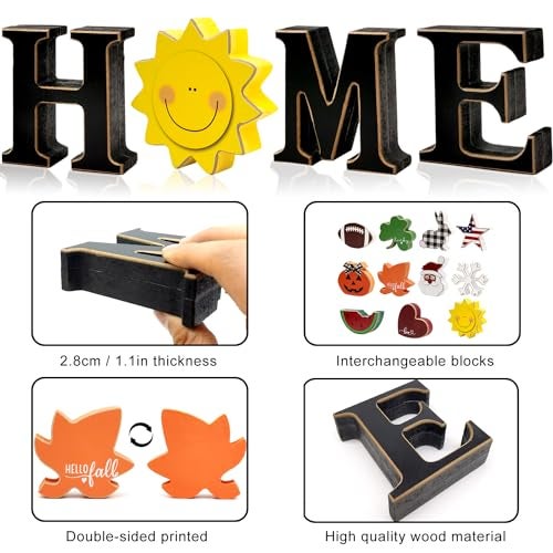 Medoore Interchangeable Home Table Signs with 11Pcs Seasonal Icons, Wooden "HOME" Letter Signs Interchangeable Holiday Decorative Table Shelf Centerpiece for Holiday Room Decoration - Image 4