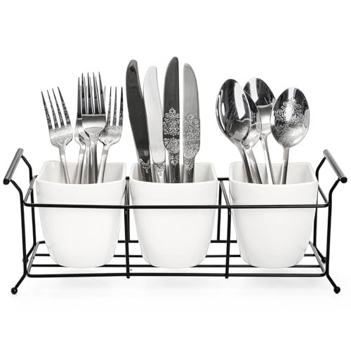 Bekith 3-Piece Ceramic Flatware Caddy with Metal Rack, Utensil Holder Silverware Caddy Cutlery Organizer, White - Image 2