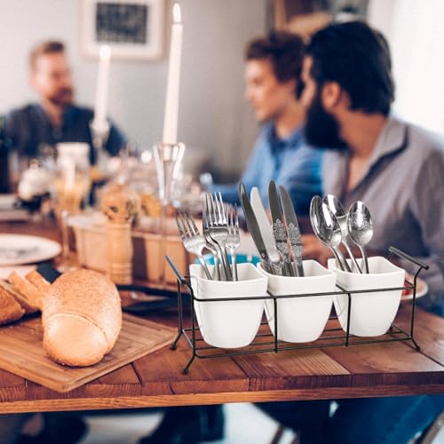 Bekith 3-Piece Ceramic Flatware Caddy with Metal Rack, Utensil Holder Silverware Caddy Cutlery Organizer, White - Image 5