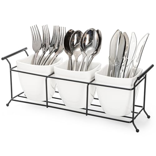 Bekith 3-Piece Ceramic Flatware Caddy with Metal Rack, Utensil Holder Silverware Caddy Cutlery Organizer, White - Image 1