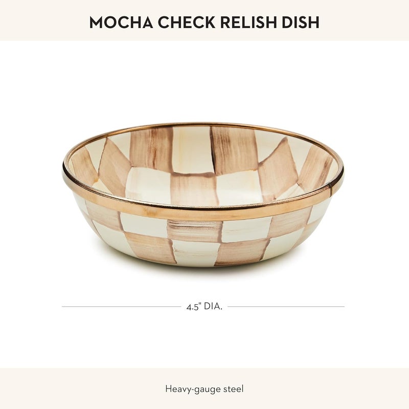 mackenzie childs MACKENZIECHILDS Enamel Relish Dish Small Serving Bowl for Entertaining BrownandWhite Mocha Check - Image 4
