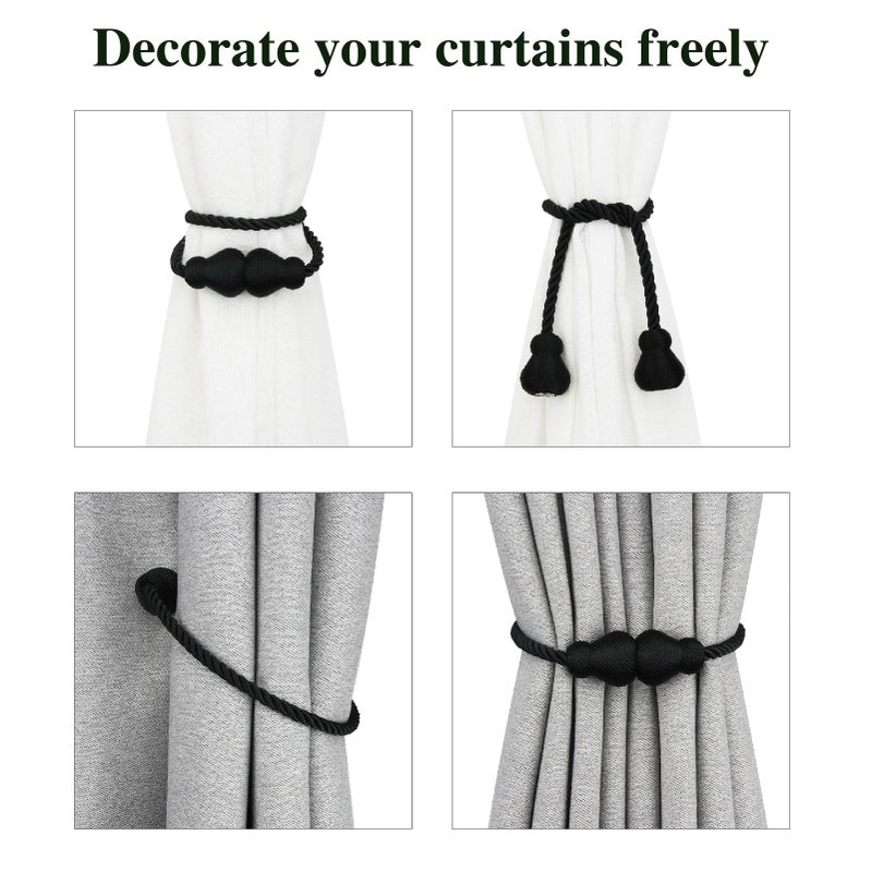 Nieffeiy Magnetic Curtain Tiebacks Outdoor Curtain Tie Backs Rope Decorative Magnetic Curtain Holders for Drapes Window Treatment Holdbacks, Black 2Pack - Image 4