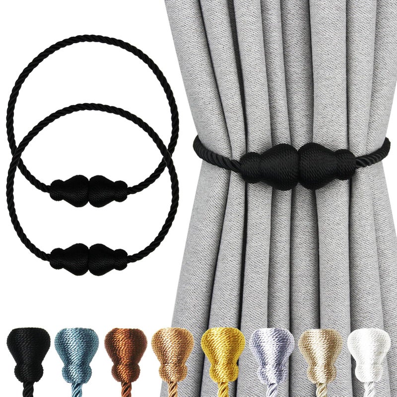 Nieffeiy Magnetic Curtain Tiebacks Outdoor Curtain Tie Backs Rope Decorative Magnetic Curtain Holders for Drapes Window Treatment Holdbacks, Black 2Pack - Image 1