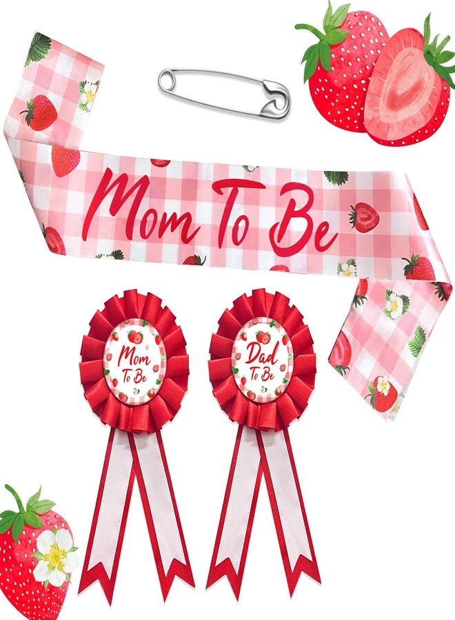 Homanu Strawberry Mom to Be Sash Baby Shower Decorations, Berry Sweet Mommy to Be Sash Dad to Be Pin Set for Pregnant Mommy Party Decorations - Image 1