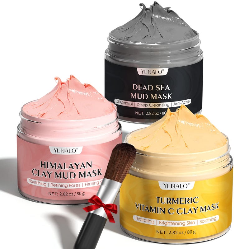 YLNALO 3 Pcs Clay Facial Mask Set - Turmeric Vitamin C, Dead Sea and Himalayan Clay Skin Care Mask for Deep Cleansing, Moisturizing, and Refining Pores, Spa Facial Mask Set, Face Mask Gift Set - Image 1