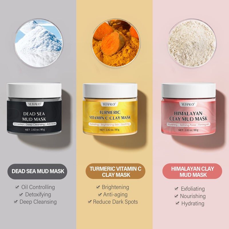 YLNALO 3 Pcs Clay Facial Mask Set - Turmeric Vitamin C, Dead Sea and Himalayan Clay Skin Care Mask for Deep Cleansing, Moisturizing, and Refining Pores, Spa Facial Mask Set, Face Mask Gift Set - Image 5