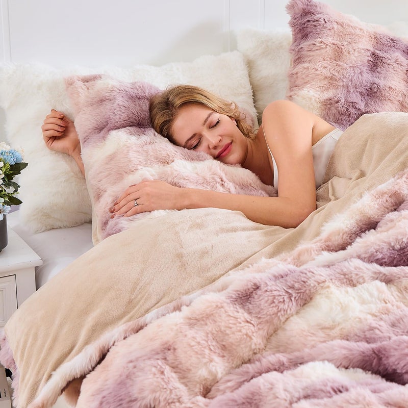 Lotus Karen Lotus Karen Fluffy Comforter Cover Set-Rabbit Fluff Faux Fur Duvet Cover Queen Size Tie-Dye Khaki Plush Fuzzy Furry Bedding Sets 3Pieces(1 Duvet Cover & 2 Pillow Shams) Zipper Closure  - Image 2