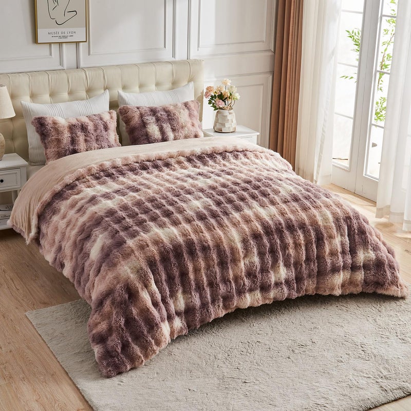 Lotus Karen Lotus Karen Fluffy Comforter Cover Set-Rabbit Fluff Faux Fur Duvet Cover Queen Size Tie-Dye Khaki Plush Fuzzy Furry Bedding Sets 3Pieces(1 Duvet Cover & 2 Pillow Shams) Zipper Closure  - Image 4