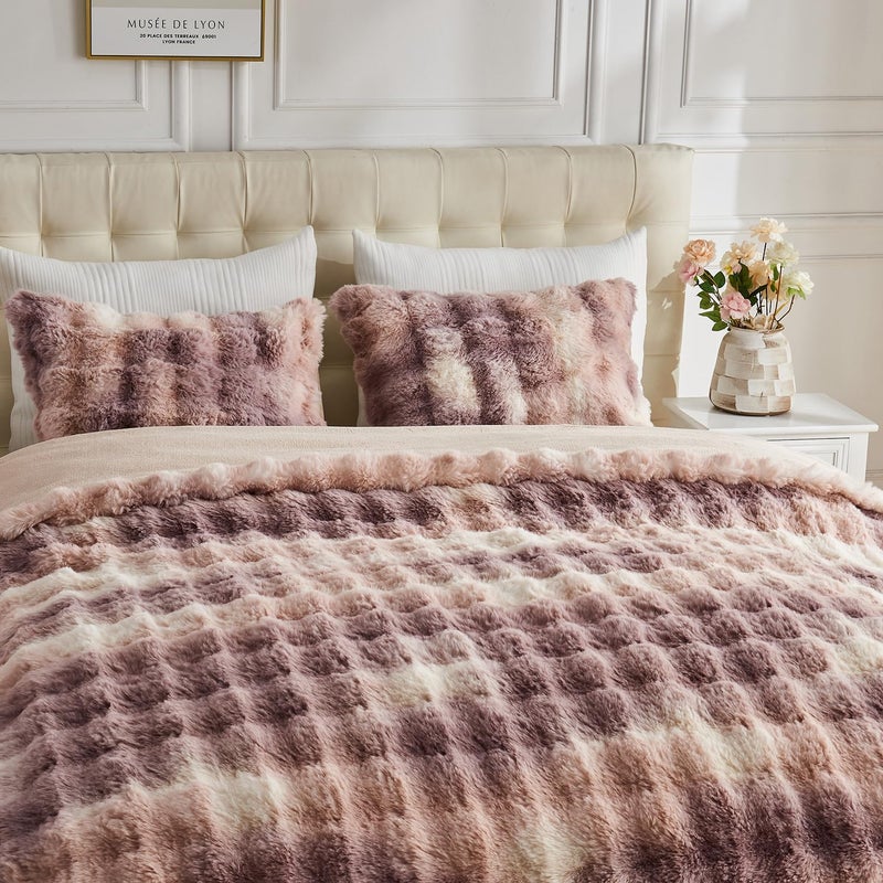 Lotus Karen Lotus Karen Fluffy Comforter Cover Set-Rabbit Fluff Faux Fur Duvet Cover Queen Size Tie-Dye Khaki Plush Fuzzy Furry Bedding Sets 3Pieces(1 Duvet Cover & 2 Pillow Shams) Zipper Closure  - Image 5