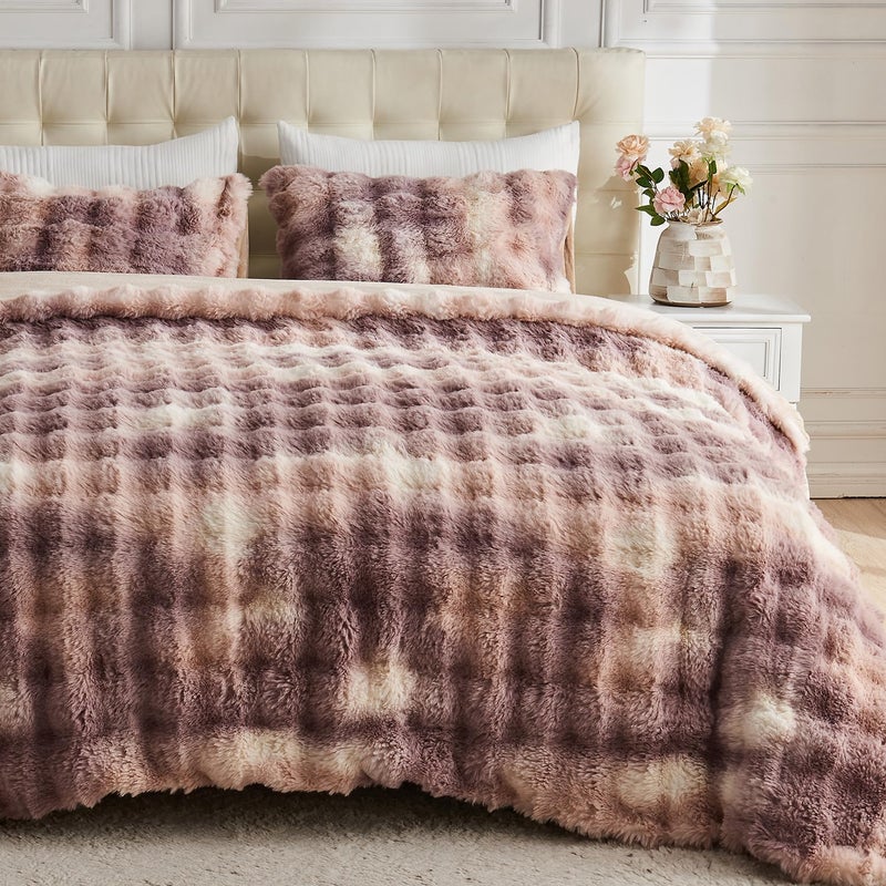 Lotus Karen Lotus Karen Fluffy Comforter Cover Set-Rabbit Fluff Faux Fur Duvet Cover Queen Size Tie-Dye Khaki Plush Fuzzy Furry Bedding Sets 3Pieces(1 Duvet Cover & 2 Pillow Shams) Zipper Closure  - Image 1