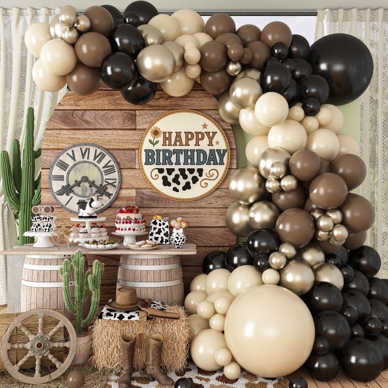 Paeyeq Brown and Black Balloon Garland Arch Kit, Nude Dark Brown Tan Black Gold White Sand Latex Party Balloons for Cowboy Western Wild West First Rodeo Country Farm Baby Shower Birthday Party Decorations - Image 1