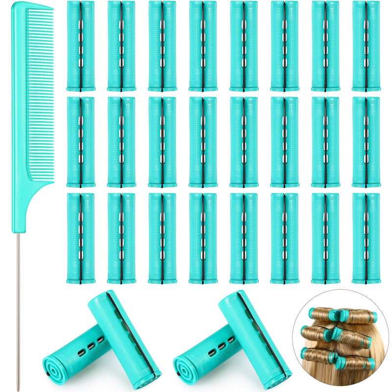 Chuangdi 24 Pcs Hair Perm Rods Plastic Cold Wave Perming Curlers Hair Rollers with Steel Pintail Comb Rat Tail Comb Tools for Hairdressing Styling(Green,0.98 Inches) - Image 1