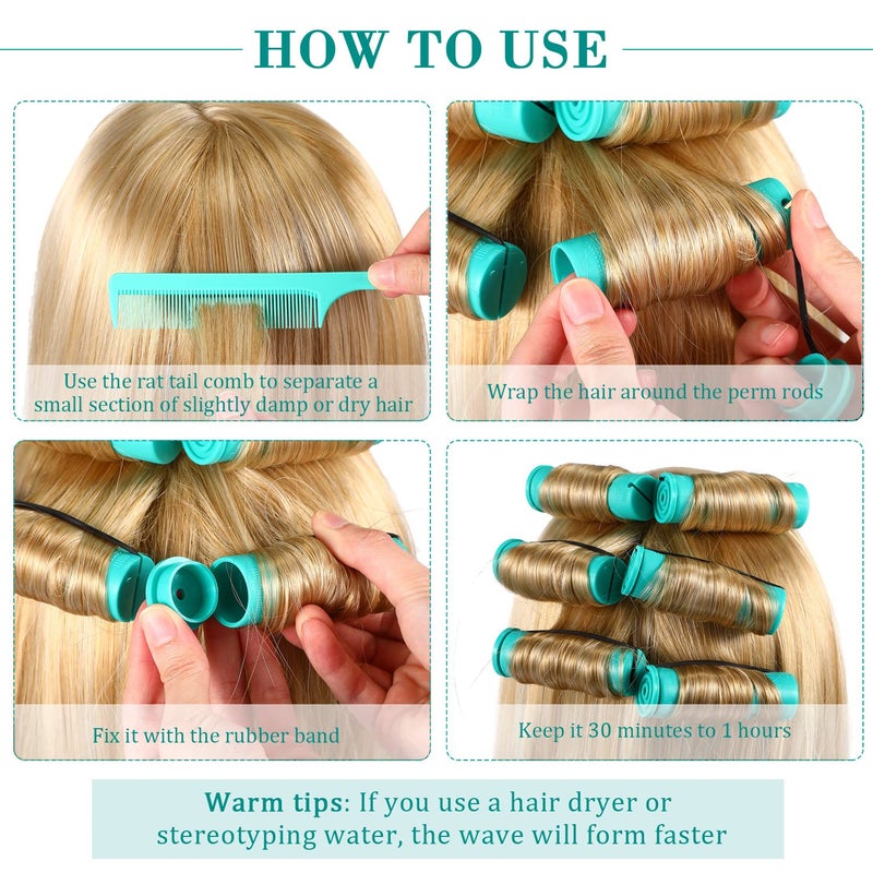 Chuangdi 24 Pcs Hair Perm Rods Plastic Cold Wave Perming Curlers Hair Rollers with Steel Pintail Comb Rat Tail Comb Tools for Hairdressing Styling(Green,0.98 Inches) - Image 5