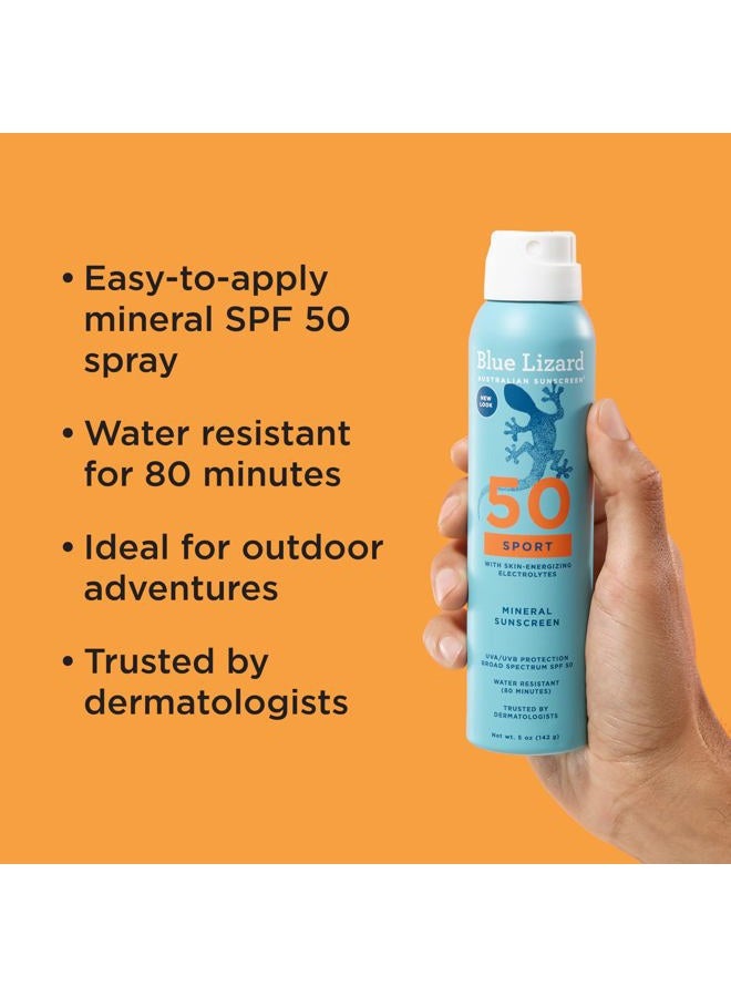 BLUE LIZARD Sport Mineral Sunscreen Spray SPF 50+, Dermatologist-Recommended Brand, Broad-Spectrum UVA/UVB Protection, Water-Resistant, Zinc Oxide Formula, Vegan, 5 fl oz - Image 2