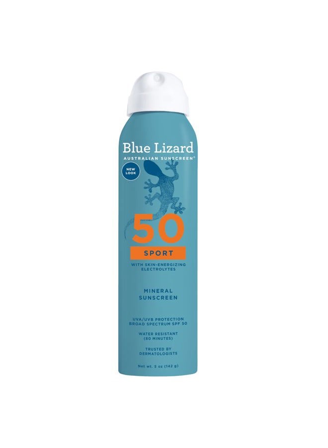 BLUE LIZARD Sport Mineral Sunscreen Spray SPF 50+, Dermatologist-Recommended Brand, Broad-Spectrum UVA/UVB Protection, Water-Resistant, Zinc Oxide Formula, Vegan, 5 fl oz - Image 1