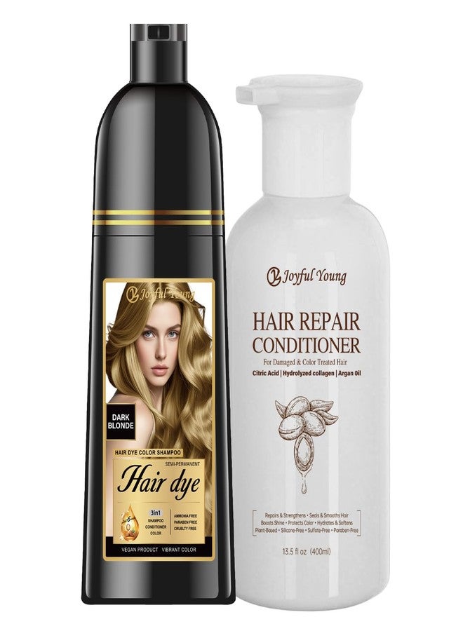 Joyful Young 3-in-1 Natural Hair Dye Shampoo & Hair Repair Conditioner Bundle - Gray Coverage & Deep Moisture - Vegan, Sulfate-Free, Color-Safe - Argan Oil, Collagen - 2x400ml (DARK BLONDE) - Image 1