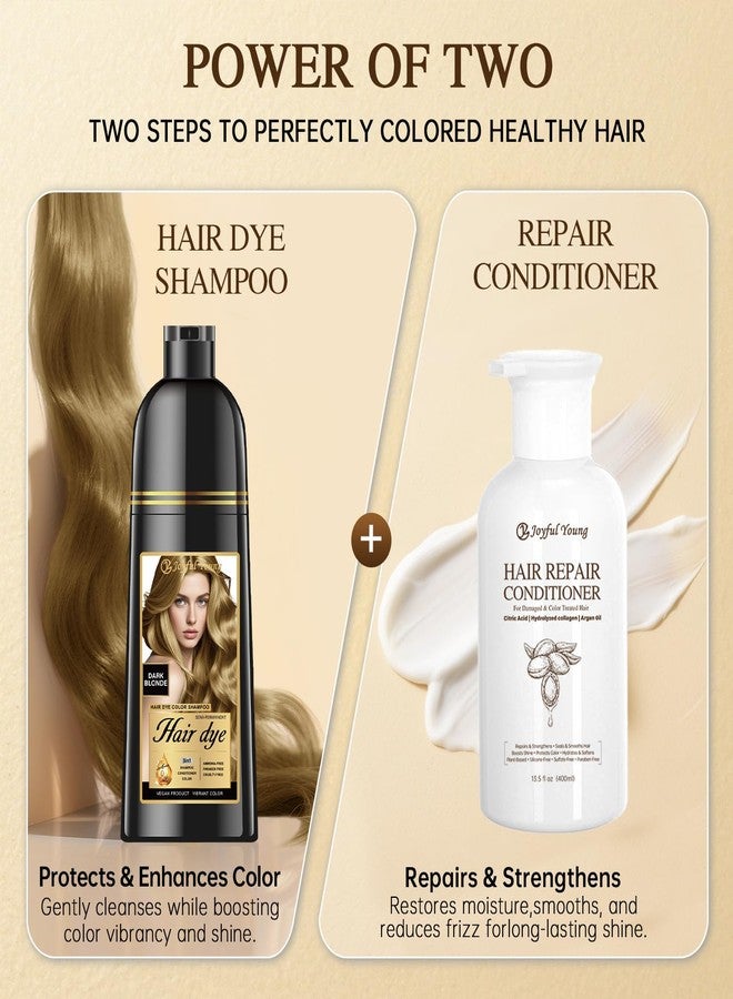 Joyful Young 3-in-1 Natural Hair Dye Shampoo & Hair Repair Conditioner Bundle - Gray Coverage & Deep Moisture - Vegan, Sulfate-Free, Color-Safe - Argan Oil, Collagen - 2x400ml (DARK BLONDE) - Image 2